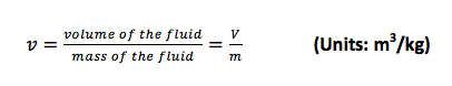 math equation showing that specific volume is the volume per unit mass and is the reciprocal of the density.