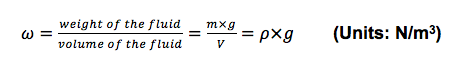 math equation showing the specific weight (ω) of a fluid is designated as the weight force per unit volume.