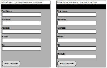 Website mock-up examples for ‘new customer’ website form.