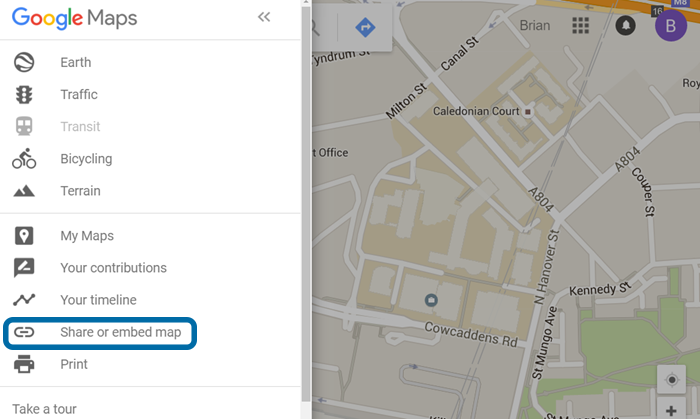 Google Map showing Share/Embed Option highlighted