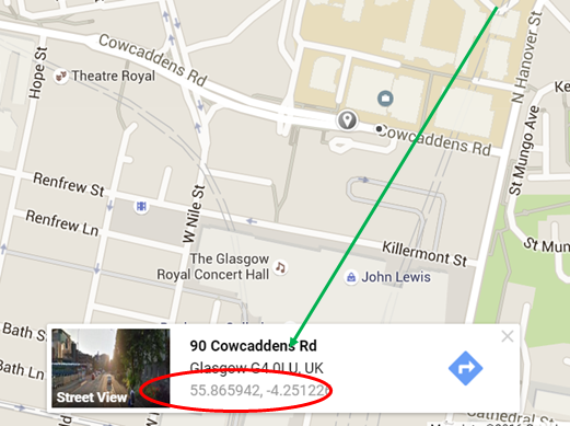 Google Map showing the Latitude and Longitude of Glasgow Caledonain University
