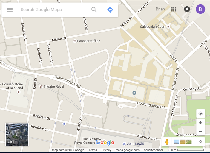 Google Map showing Glasgow Caledonian University campus