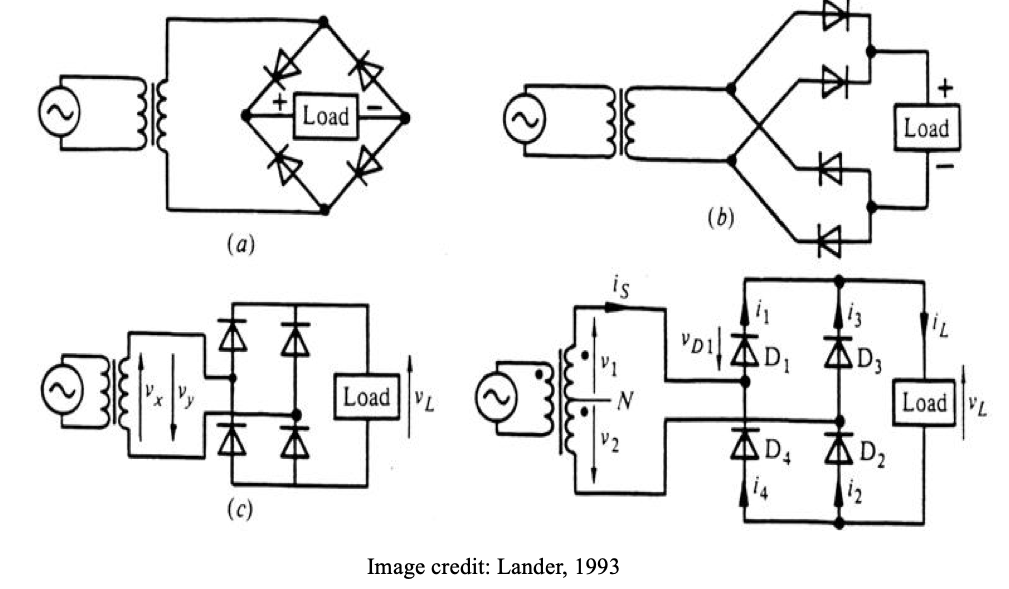  Variety of  bridge rectifier circuit layouts