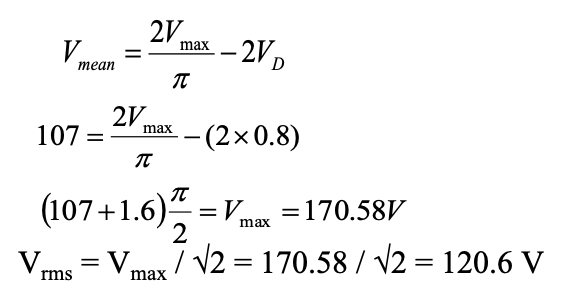 maths equation solution for RMS voltage on the secondary of the transformer